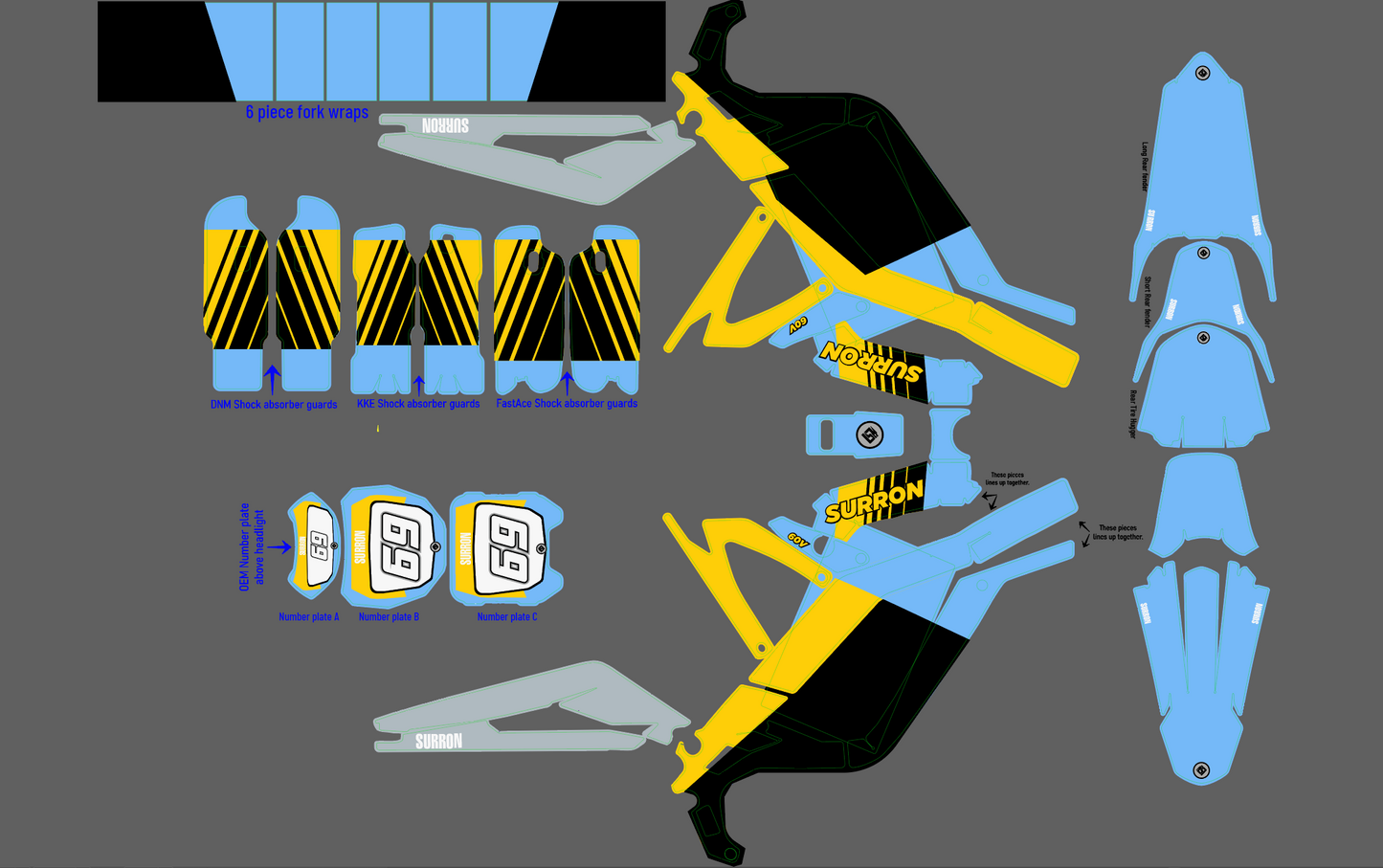 Yamaha IT 465 Legend Baby Blue / yellow for Sur Ron, Segway / Decal set